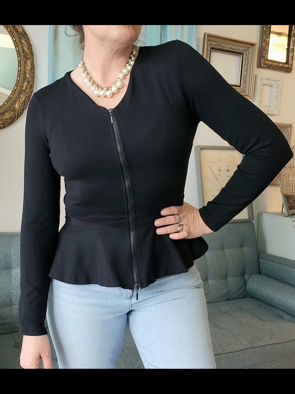 Armani Exchange Black Zip-Peplum Long-Sleeve Blazer / Blouse